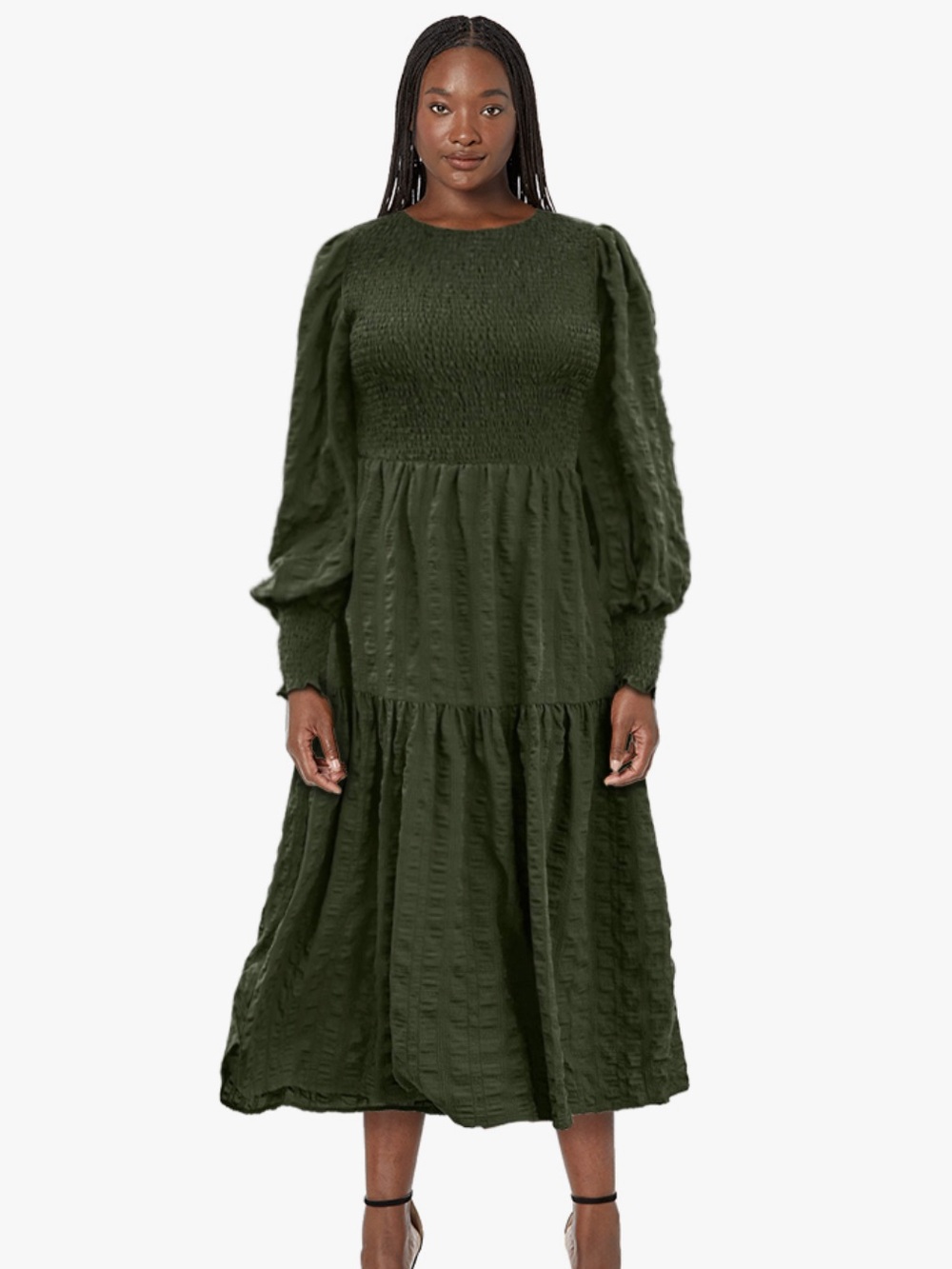 Olive Green Long Sleeve Smocked Maxi Dress - Picture 2 of 6